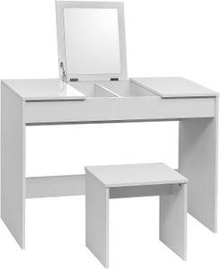 WOLTU Toaletný stolík Kozmetický stolík so stoličkou a sklopným zrkadlom, vysoko lesklá stolová doska, stôl 100x45x76cm, biely