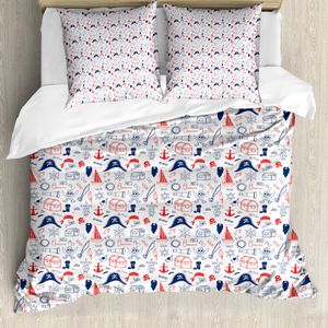ABAKUHAUS Pirates Bettbezug, Hand Drawn Sailor Theme, Milbensicher Allergiker geeignet mit Kissenbezügen, 155 cm x 220 cm - 80 x 80 cm, Scarlet Marine-Blau-Weiß