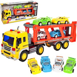 Malplay Abschleppwagen Spielzeug | Mit Licht & Sound | Transport-Lkw Autotransporter Mit 4 Stück Buntes Mini Autos | Länge 37 Cm | Ab 3 Jahren | Geschenk Für Kinder