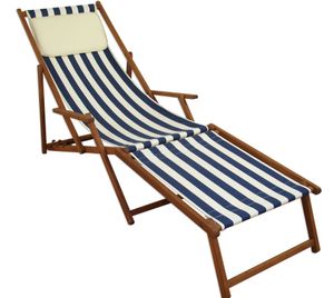 Liegestuhl Gartenliege blau-weiß Fußablage Kissen Sonnenliege klappbar Deckchair Buche 10-317FKH