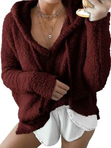 Damen Fuzzy Casual Sweatshirt Langarm Plüsch Kapuze Pullover Tops Fleece Pullover Pullover,Farbe: bordeaux,Größe:XXL