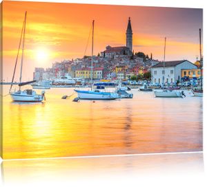 Kroatische Hafenstadt bei Sonnenuntergang, Format: 100x70 auf Leinwand, XXL riesige Bilder fertig gerahmt mit Keilrahmen, Kunstdruck auf Wandbild mit Rahmen, er als Gemälde oder Ölbild, kein Poster oder Plakat