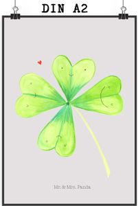 Mr. & Mrs. Panda Poster Blume Kleeblatt DIN A2 - Grau Pastell - Geschenk, Garten, Blumen, Sommer Deko, Handgemaltes Poster, Jobwechsel, Blumen Deko, Neuanfang