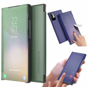 Für Xiaomi Redmi Note 10 5G Design Carbon Clear View Spiegel Mirror Smartcover Grün Schutzhülle Cover Etui Tasche Hülle Neu Case Wake UP Funktion