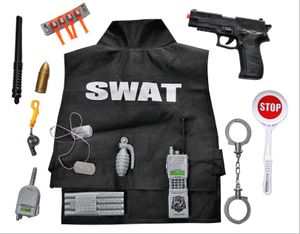 Polizei SWAT 13-Teile Kostüm Set Kinderkostüm mit Polizei Ausrüstung - Handschellen, S.W.A.T. Weste, Stop & Go Schild, Pistole, Trillerpfeife - Kinder Spielzeug Karneval Fasching Verkleidung