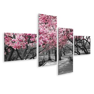 Bild auf Leinwand New York City Pink Blossoms Schwarz-Weiß Wandbild Poster Kunstdruck Bilder 150x80cm 4-teilig