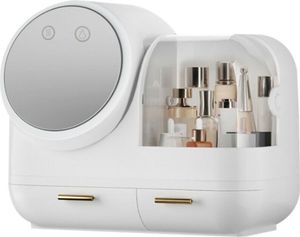 3 Farbe LED-Licht HD-Spiegel Kosmetikbox Kosmetikorganiser Große Kapazität Make-Up Aufbewahrungsbox USB-Aufladung (Weiß)