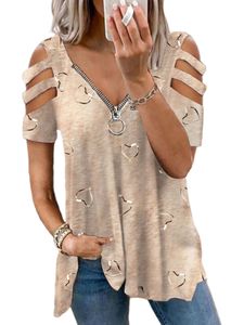 Damen T-Shirts Kurzarm V-Ausschnitt Tops Mode Bohe Sommer Kalte Schultertunika Bluse Beige,Größe XXL