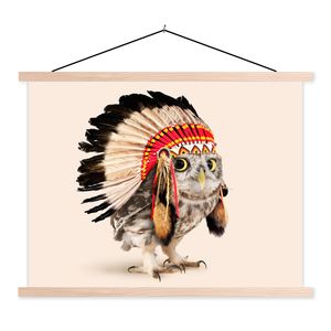 MuchoWow® Textilposter Tier - Eule - Indianer - Vogel 120x90 cm mit holzfarbenen Rahmen - Magnetisch