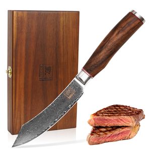 Zayiko Kurumi Damast 4er Steakmesser-Set I 12 cm Klingen I Nussbaumgriffe I Holzbox