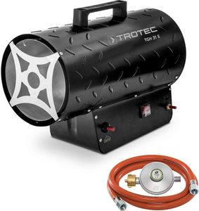 TROTEC Gasheizgebläse TGH 31 E inkl. Verbindungschlauch und Druckminderer (Heizleistung bis 30 kW, 1000 m³/h Luftdurchsatz, für handelsübliche Gasflaschen, pulverbeschichteter Riffelblechausführung, Piezozündung)