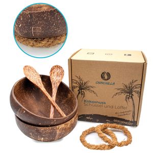 2er Set Kokosnuss Schalen + Holzlöffel + Halterung | Natürliche Schalen aus Kokosnuss | Coconut Bowls