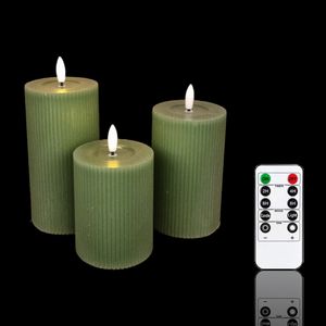 Meisterhome® 3er-Set Flammenlose LED Kerzen Ribble mit Timer Grün Stumpenkerze Fernbedienung Batteriebetrieben Warmweiß echten Wachs Dekoration