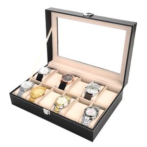 Uhrenbox 12 Slot Vitrine Organizer Echtglasdeckel Schmuckaufbewahrung mit Kunstleder für Herren und Damen, Schwarz
