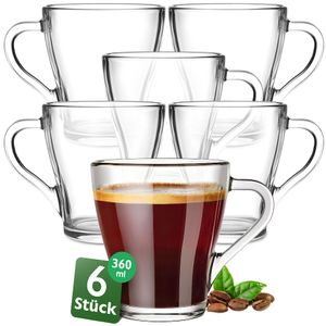 Konzept 11 - Teegläser mit Henkel XL, 6er Set, Große Kaffeegläser, Cappuccino Gläser 360 ml Glas Transparent, Glühweingläser für Heiße Getränke, spülmaschinenfest