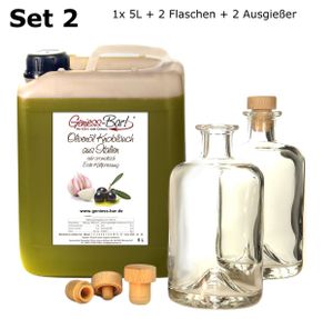 Olivenöl Knoblauch aus Italien 5L Kanister inkl. 2 Flaschen u. 2 Ausgießer extra vergine