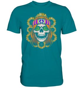 Hippie Totenkopf Sonnenblumen T-Shirt Gärtner Geschenk Garten – Diva Blue / L