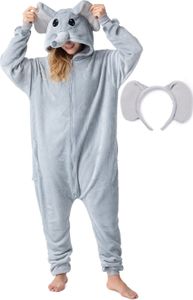 Flauschiges Elefanten-Kostüm für Erwachsene mit Haarreif | Karneval Kostüm Onesie für Damen, Herren | Körpergröße 170-180cm