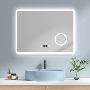 EMKE LED Badspiegel 80x60cm Badezimmerspiegel mit Beleuchtung Kaltweiß Lichtspiegel Wandspiegel mit Touch-Schalter + Beschlagfrei + Uhr + 3-Fach Vergrößerung Schminkspiegel IP44 Energiesparend