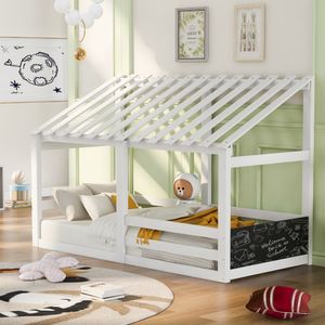 Merax Kinderbett 90x200cm Spielbett mit Rausfallschutz, Tafel und Lattenrost, Stabil Hausbett Haus Bett in Weiß, ohne Matratze