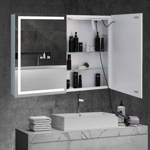 Spiegelschrank Bad mit LED Beleuchtung und Steckdose doppelspiegel 80x13.5x60cm badschrank mit Spiegel Metall spiegelschrank mit ablage,3 Farbtemperatur dimmbare,Berührung Sensorschalter