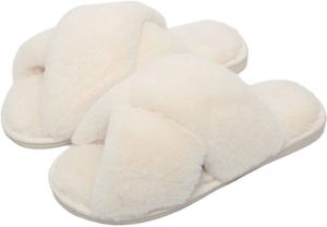 ASKSA Hausschuhe Damen Plüsch Schlappen mit Fell, Bequem Open Toe Winter Warme Pantoffeln, Weiß, Größe: 40-41