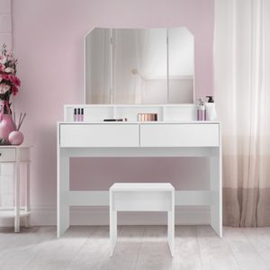 ML-Design toaletní stolek s taburetem, 100x40x140 cm, bílý, toaletní stolek včetně 3dílného skládacího zrcadla a 2 zásuvek, kosmetický stolek se 3 otevřenými přihrádkami, toaletní stolek - make-up stolek