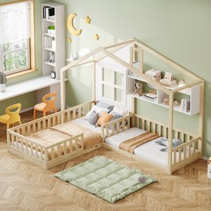 MODFU Kinderbett Holzbett 90x200 cm (140x70 cm)  mit Fenster und Schornstein in Form eines Hauses Mit Regalen, Bodenbett Mit Sicherheitsgitter und Lattenrost, Weiß+Natur(Ohne Matratze)