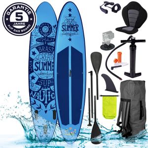 BRAST SUP Board Summer Aufblasbares Stand up Paddle Set 320x81x15cm Blau inkl. 2in1 Paddel Kajak-Sitz Action-Cam-Halterung Fußschlaufe Pumpe Rucksack