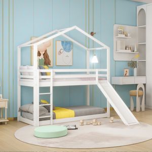 Flieks Poschodová posteľ 90x200cm so šmykľavkou, detská posteľ s lamelovým rámom, podkrovná posteľ s rebríkom, posteľ z masívnej borovice bez matraca, biela