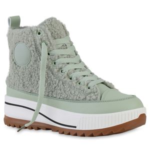 VAN HILL Damen Plateau Sneaker Kunstfell Profil-Sohle Schuhe 840896, Farbe: Hellgrün, Größe: 40