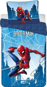 Jerry Fabrics Kinder Bettwäsche Set Wendebettwäsche Spider-Man City Spinnen Netze blau, Bezug Bettdecke 140x200 cm, Kopfkissenbezug 70x90 cm, 100% Baumwolle