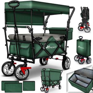 TRESKO Bollerwagen Grün faltbar mit Kühltasche + Seitenrollo | Handwagen Klappbar | Gartenwagen mit Dach Transportwagen XXL