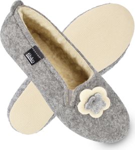 filsko® Matka Damen Ballerina Filz Hausschuhe Easy-Filz Gummisohle Filzsohle gefüttert Pantoletten Slipper Slip-On Blumenapplikation Knopf