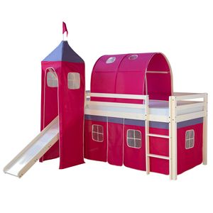 Homestyle4u 539, Detská podkrovná posteľ so šmykľavkou, rebríkom, vežou, tunelom, ružovým závesom, masívne drevo, biela, 90x200 cm