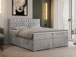 Boxspringbett 180x200 mit Matratze und Topper, Boxspringbett 180x200 mit Bettkasten und Kopfteil - PERA - 180x200 - Hellgrau - Velvet - H4