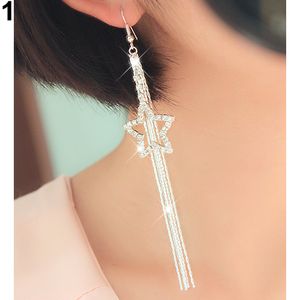 Damen-Ohrringe mit Strass-Pentagramm und Stern-Tropfen, lange Quasten, Kettenhaken, baumelnde lineare Ohrringe-Silber