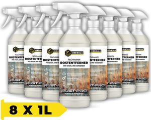 MRM CHEMICALS Rostentferner für Metall, Stahl und Gusseisen Spray 1L Rostlöser für Auto Karosserie Fahhrad Kette Haus Garten, Korrosionsschutzspray x8