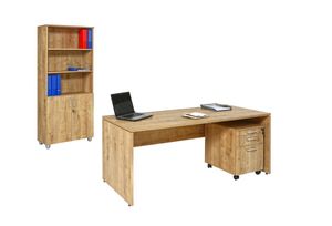 Schreibtisch Set 1 Nuvi, Saphir Eiche Nachbildung, inkl. Schreibtisch160 cm, Rollcontainer 3 Schübe & Aktenschrank190 cm hoch