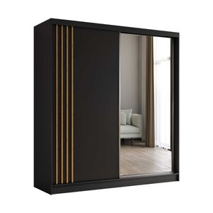 AGMAT Schwebetürenschrank Lugo, Kleiderschrank mit 2 Türen und Spiegel, Moderne Garderobe in Farbe: Schwarz / Schwarz, Schrank in Größe: 200 x 216 x 61 cm