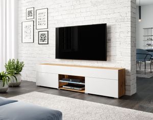 MINIO TV-Schränke 180 cm CARE Lowboard mit LED-Beleuchtung | Wotan Eiche Farbe / Weiß Hochglanz