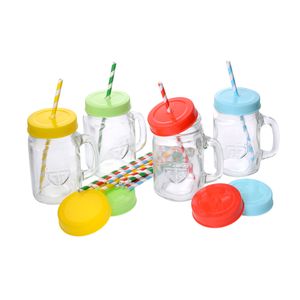 GRÄWE Henkel-Trinkglas mit Deckel und Strohhalm 4 Stück inkl. 6 Kunststoffbechern
