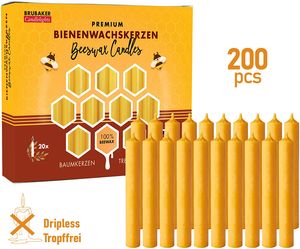 BRUBAKER 200er Pack Baumkerzen 100% Bienenwachs Weihnachtskerzen Pyramidenkerzen Christbaumkerzen Honig-Gelb