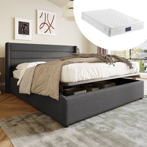 Sweiko Boxspringbett Doppelbett Polsterbett 160x200cm mit Holzlattenrost Stauraumbett Leinen Grau (mit Matratze)