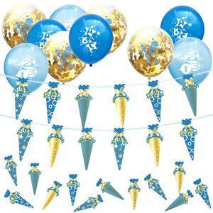 Oblique Unique Schuleinführung Schulanfang Einschulung Deko Set - Zuckertüten Girlande + Luftballon Set + Konfetti