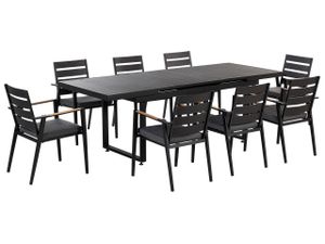 BELIANI Gartenmöbel Set 9-teilig Schwarz Aluminium Ausziehtisch 180 / 240 x 90 cm Latten-Tischplatte Rechteckig mit 8 Stühlen Auflagen Grau Stapelbar