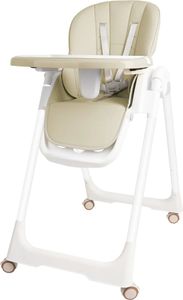 LZQ Baby Klappbar Hochstuhl Beige Kinderhochstuhl Faltbar Babystuhl Höhenverstellbar Kinder Kombihochstuhl Liegefunktion, 5-Punkt-Sicherheitsgurt mit 4 Rädern