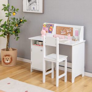 COSTWAY Dětský psací stůl, dřevěný pracovní stůl pro žáky s židlí, knihovnou, spodní skříňkou a nástěnkou na kolíčky, ergonomický žákovský psací stůl pro děti od 3 let, bílý