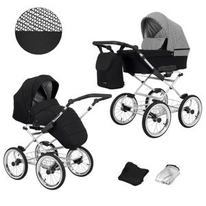 Kinderwagen ROMANTIC Sportwagen Babywagen Babyschale Komplettset Kinder Wagen Set 2 in 1 (schwarz + zickzack, Rahmenfarbe: grau)