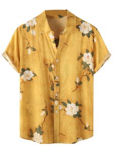 Herren Hemden Baumwolle Kurzarm Sommer Shirts Regular Fit Tee Casual Floral Print Tops Gelb,Größe L
